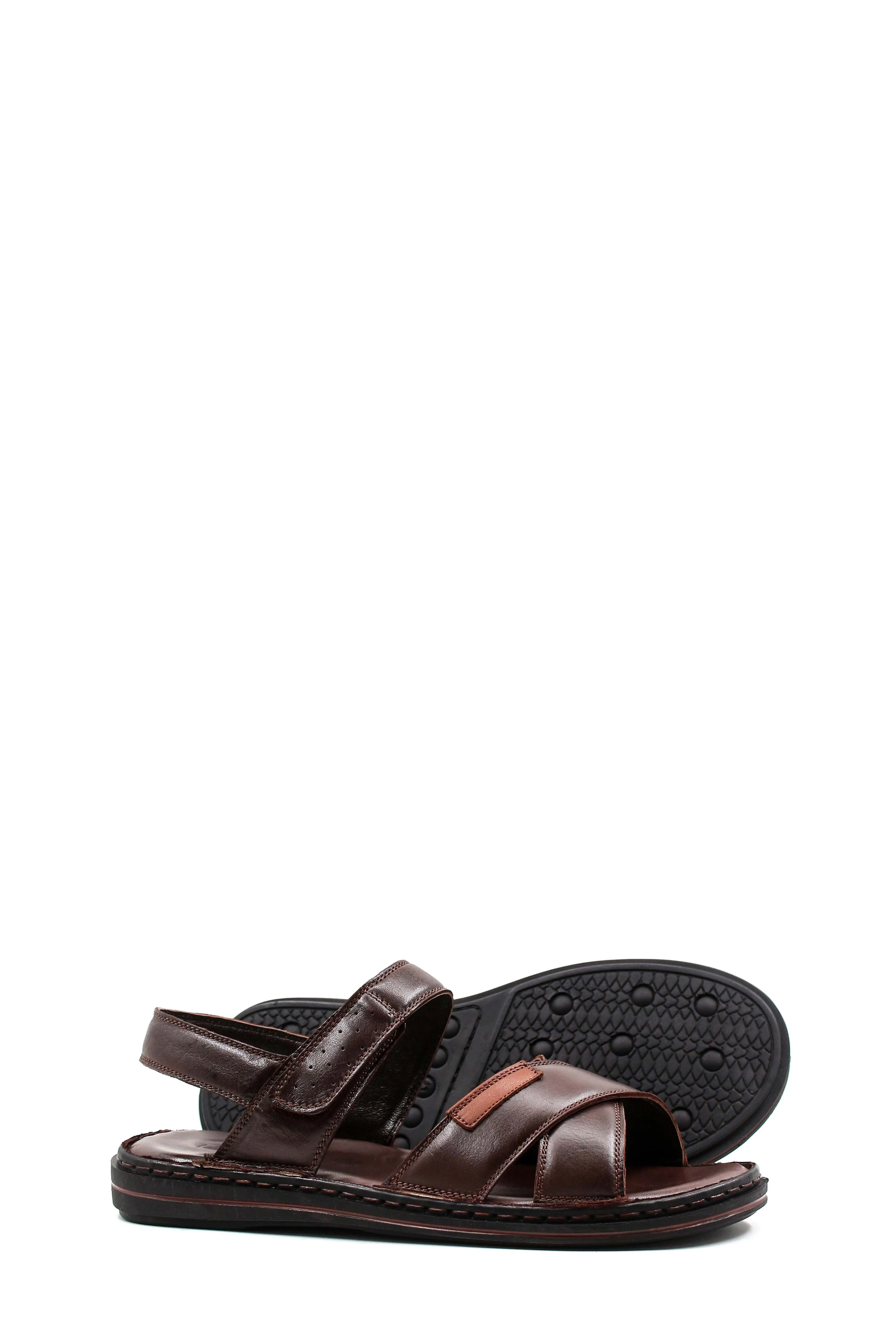 Men's Brown Leather Sandals with Cross Straps and Cushioned Footbed - Wessi