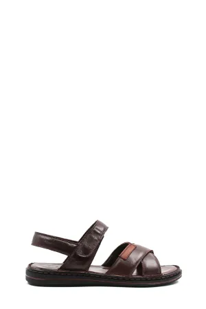 Men's Brown Leather Sandals with Cross Straps and Cushioned Footbed - Wessi