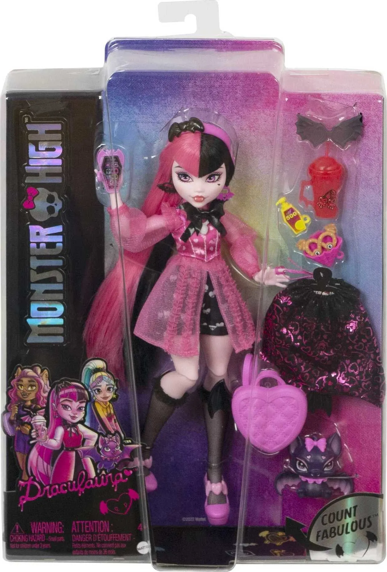 Monster High Draculaura Fashion Doll with Pink & Black Hair, Accessories & Pet Bat