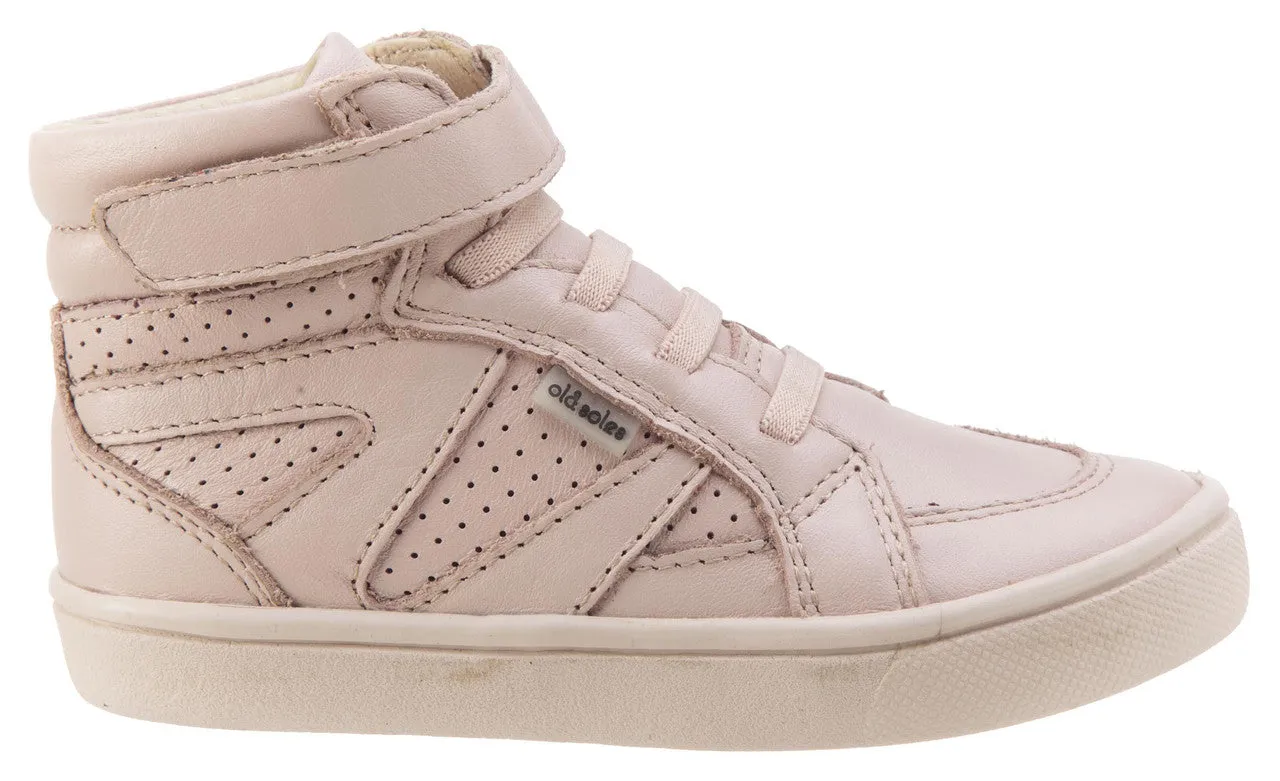 Old Soles Girls and Boy's Starter Shoe Powder Pink Perforated Leather Zig Zag Design Elastic Lace Hook and Loop High Top Sneaker