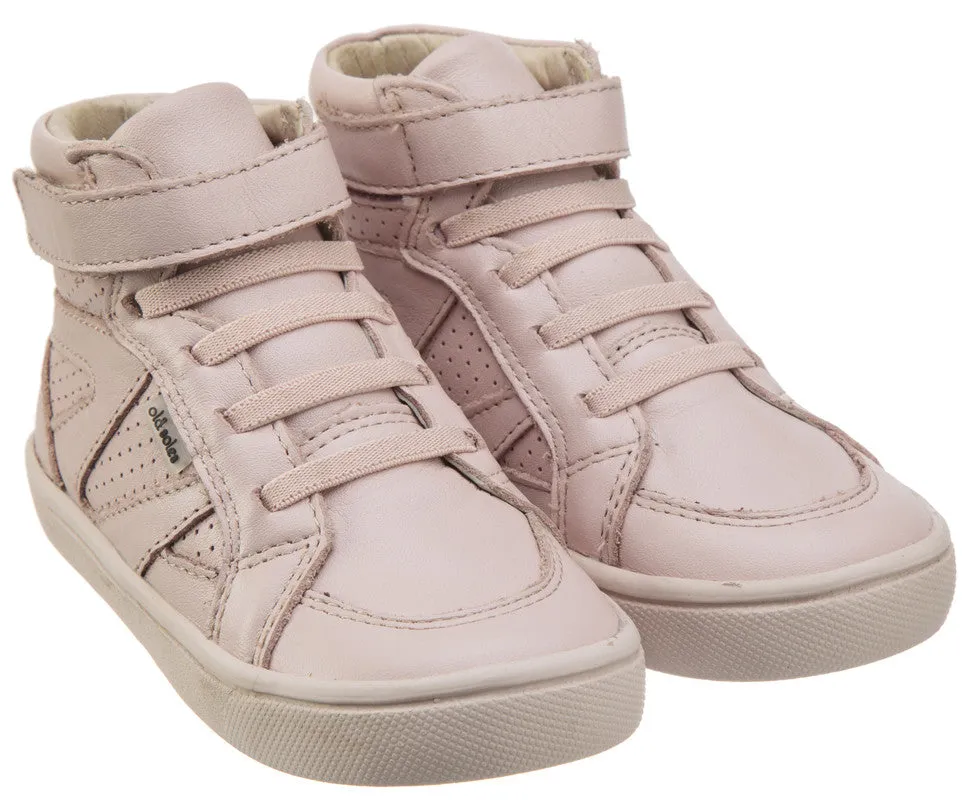 Old Soles Girls and Boy's Starter Shoe Powder Pink Perforated Leather Zig Zag Design Elastic Lace Hook and Loop High Top Sneaker