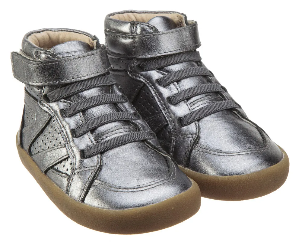 Old Soles Girl's and Boy's The Leader Rich Silver Perforated Metallic Leather Elastic Lace Hook and Loop High Top Sneaker