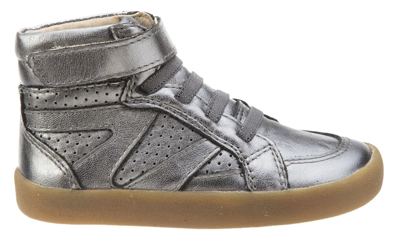 Old Soles Girl's and Boy's The Leader Rich Silver Perforated Metallic Leather Elastic Lace Hook and Loop High Top Sneaker