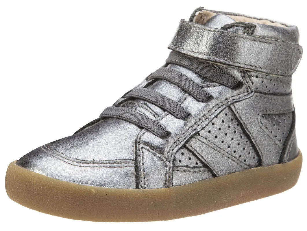 Old Soles Girl's and Boy's The Leader Rich Silver Perforated Metallic Leather Elastic Lace Hook and Loop High Top Sneaker