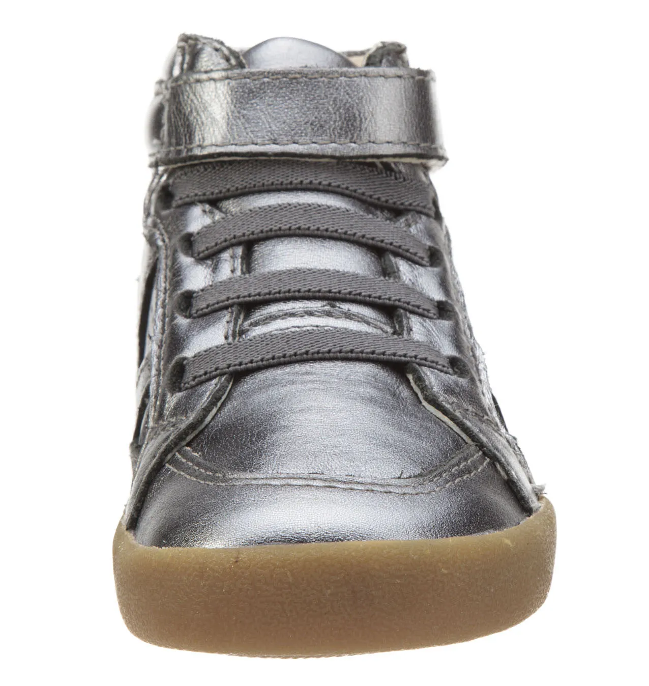 Old Soles Girl's and Boy's The Leader Rich Silver Perforated Metallic Leather Elastic Lace Hook and Loop High Top Sneaker