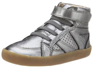 Old Soles Girl's and Boy's The Leader Rich Silver Perforated Metallic Leather Elastic Lace Hook and Loop High Top Sneaker