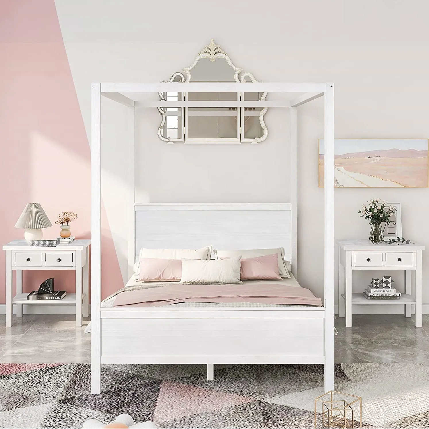 Queen Size Canopy Bed with 2 Nightstands