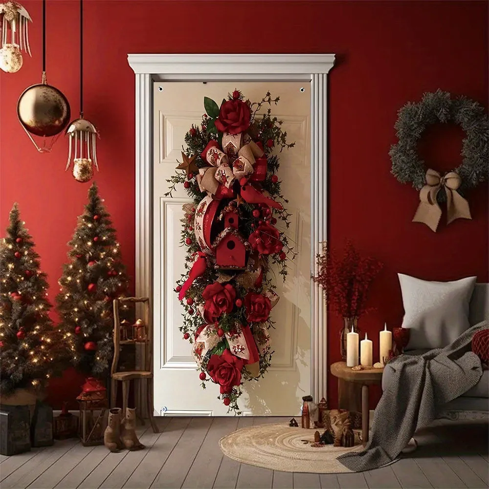 Rustic Christmas Door Wreath, Festive Polyester Banner, 2D Flat Design, Durable Holiday Season Party Decor for Indoor/Exterior Use, Perfect for Thanksgiving, New Year, Valentine'S Day, Wedding, Birthday, Anniversary, and General Celebrations