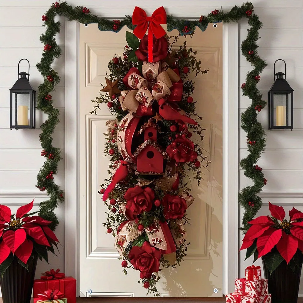 Rustic Christmas Door Wreath, Festive Polyester Banner, 2D Flat Design, Durable Holiday Season Party Decor for Indoor/Exterior Use, Perfect for Thanksgiving, New Year, Valentine'S Day, Wedding, Birthday, Anniversary, and General Celebrations