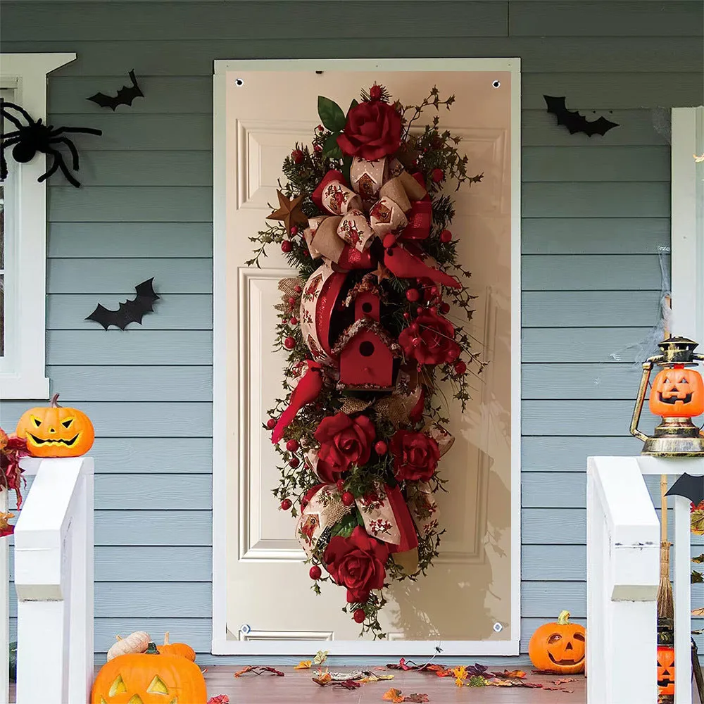 Rustic Christmas Door Wreath, Festive Polyester Banner, 2D Flat Design, Durable Holiday Season Party Decor for Indoor/Exterior Use, Perfect for Thanksgiving, New Year, Valentine'S Day, Wedding, Birthday, Anniversary, and General Celebrations