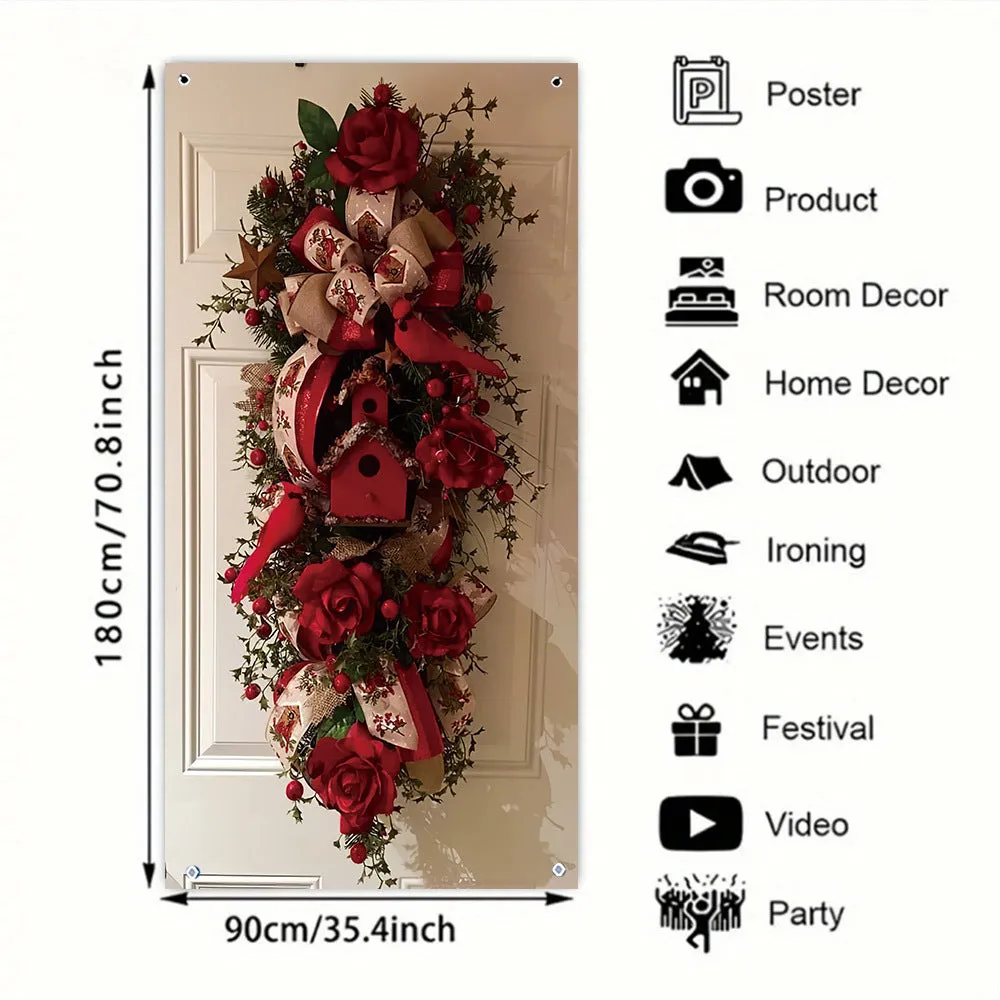 Rustic Christmas Door Wreath, Festive Polyester Banner, 2D Flat Design, Durable Holiday Season Party Decor for Indoor/Exterior Use, Perfect for Thanksgiving, New Year, Valentine'S Day, Wedding, Birthday, Anniversary, and General Celebrations