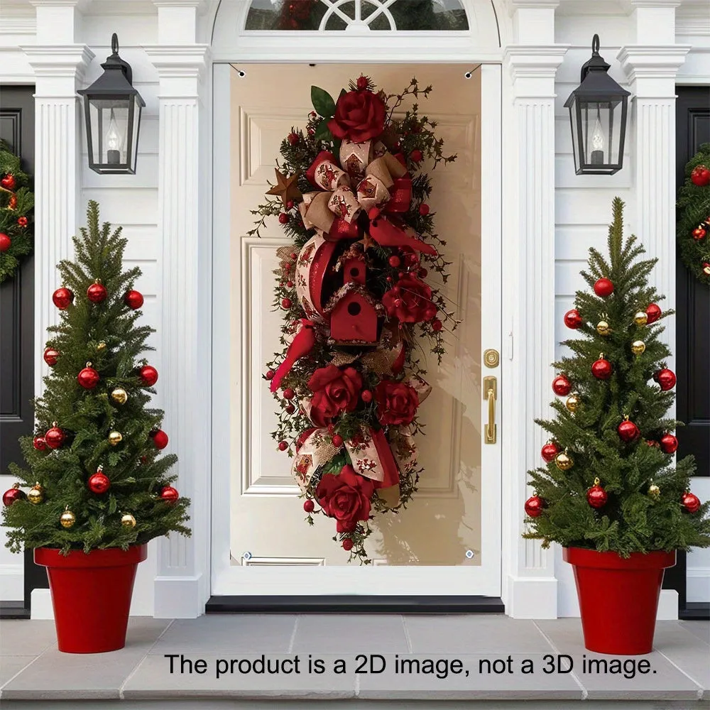 Rustic Christmas Door Wreath, Festive Polyester Banner, 2D Flat Design, Durable Holiday Season Party Decor for Indoor/Exterior Use, Perfect for Thanksgiving, New Year, Valentine'S Day, Wedding, Birthday, Anniversary, and General Celebrations