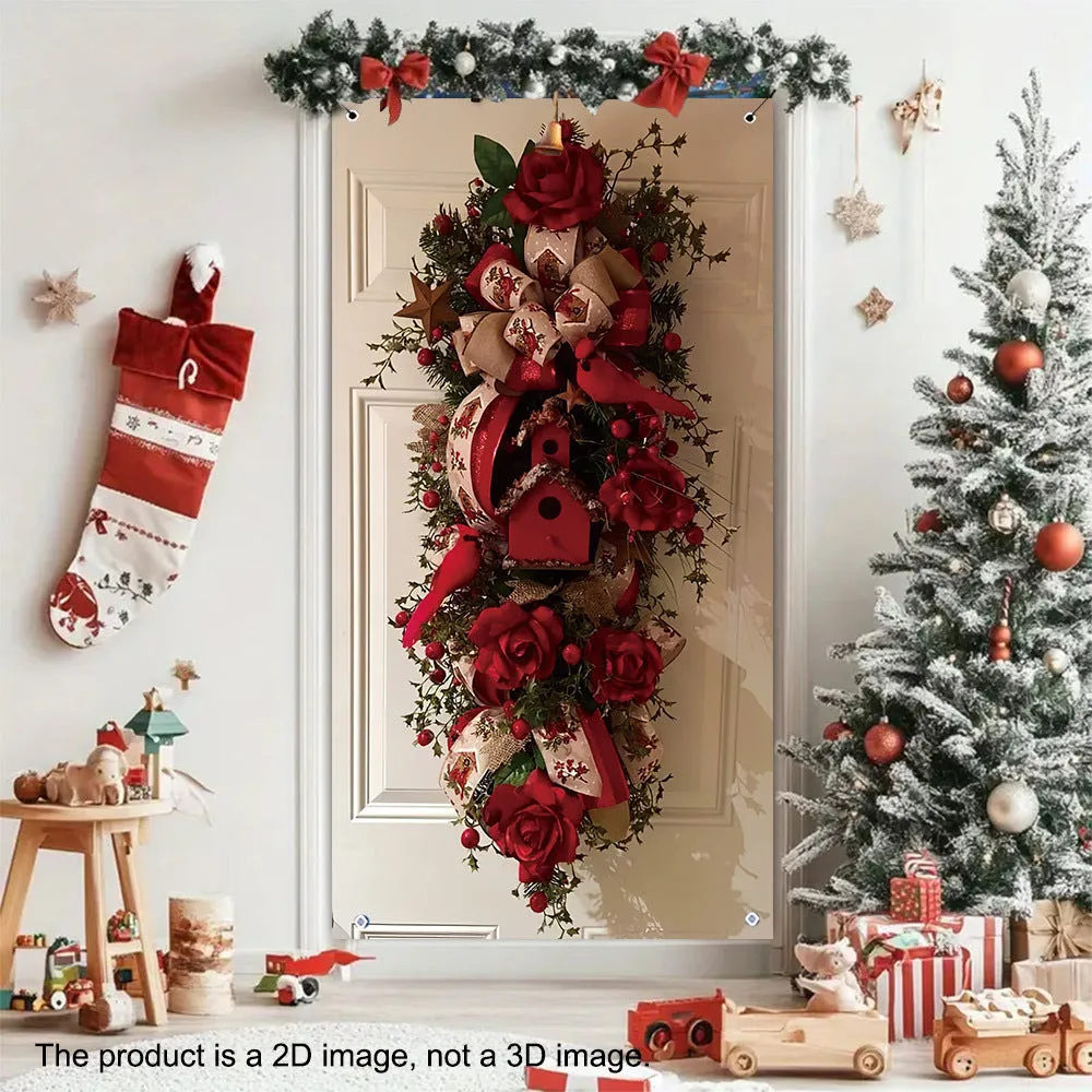 Rustic Christmas Door Wreath, Festive Polyester Banner, 2D Flat Design, Durable Holiday Season Party Decor for Indoor/Exterior Use, Perfect for Thanksgiving, New Year, Valentine'S Day, Wedding, Birthday, Anniversary, and General Celebrations