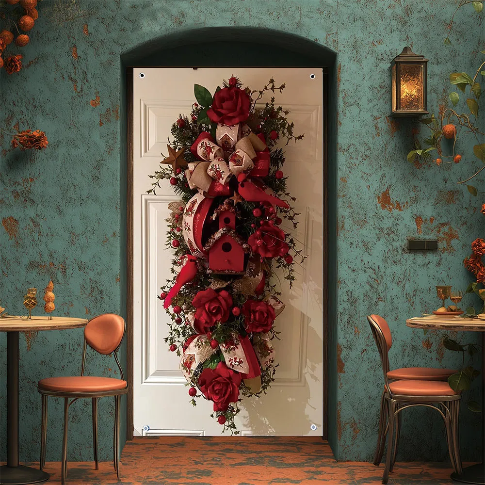 Rustic Christmas Door Wreath, Festive Polyester Banner, 2D Flat Design, Durable Holiday Season Party Decor for Indoor/Exterior Use, Perfect for Thanksgiving, New Year, Valentine'S Day, Wedding, Birthday, Anniversary, and General Celebrations