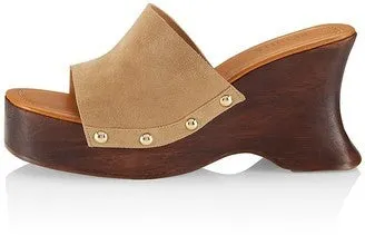 Schutz Lanneh Beige Slip On Open Toe Metallic Studs Wooden Wedges Heeled Sandals