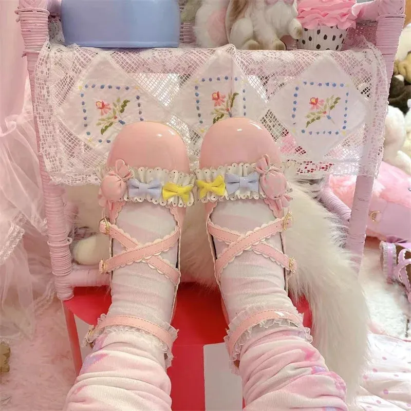 Sohiwoo Lolita Shoes Sweet Daily Bowknot Lolita Shoes Student Red Christmas Cute Candy Ruffled Cosplay Cos Lolita Soft Girl Shoes