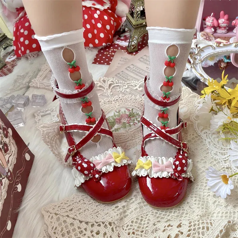 Sohiwoo Lolita Shoes Sweet Daily Bowknot Lolita Shoes Student Red Christmas Cute Candy Ruffled Cosplay Cos Lolita Soft Girl Shoes