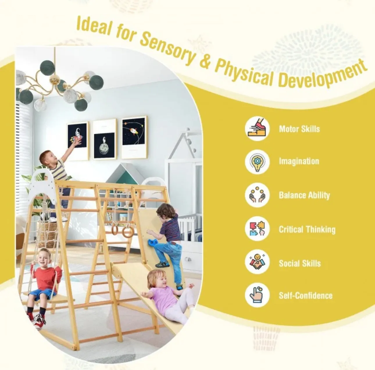Super Cool Wooden 8-in-1 Kids Jungle Gym Playground | Monkey Bars | Climbing | Ladder | Swing | Rings | Slide | Holds 530lbs | Playground