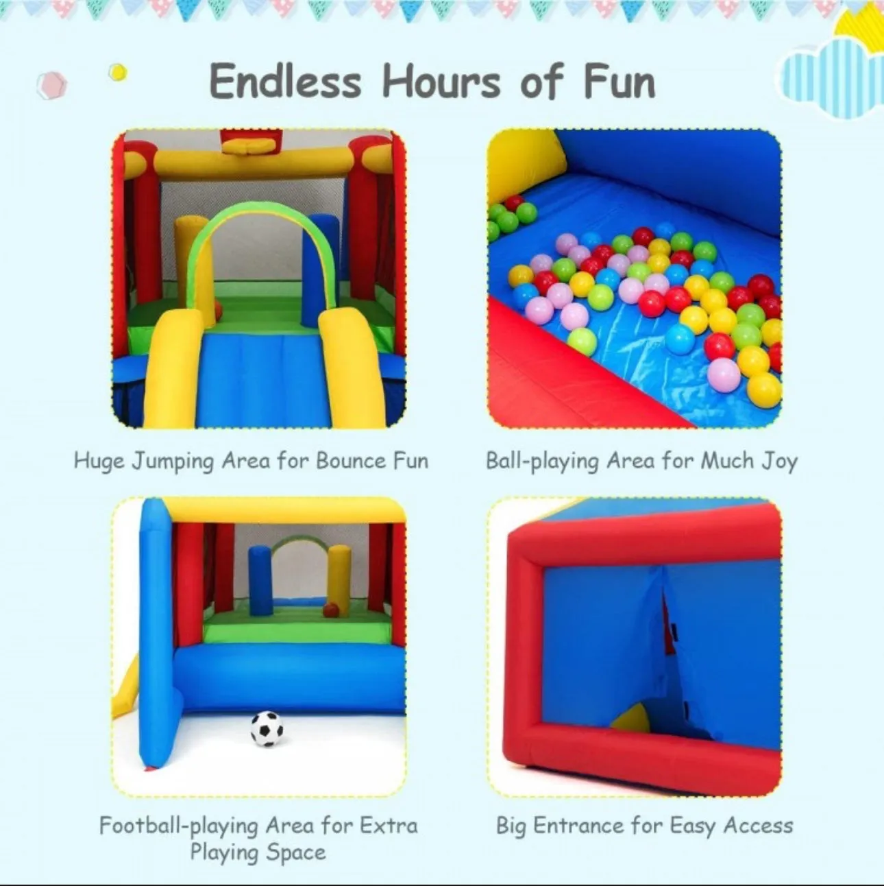 Super Fun 7-in-1 Giant Inflatable Bouncy House With Balls | 480W Blower | Slide | Ball Play Area | Jump Area | Basketball | Cool Play area | Big Entrance