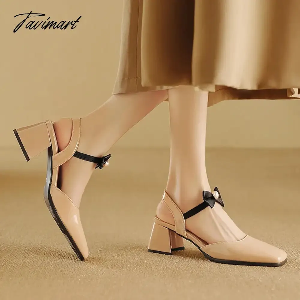 TAVIMART  -  Nude Elegant Sweet Pearl Bow Ankle Wrap Ladies Party Sandals Women Square Toe Block Heels Women Dress Slingback Shoes Large Size