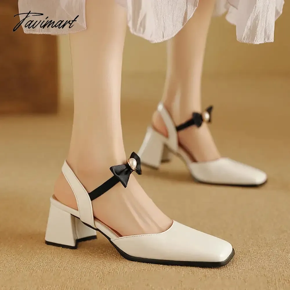 TAVIMART  -  Nude Elegant Sweet Pearl Bow Ankle Wrap Ladies Party Sandals Women Square Toe Block Heels Women Dress Slingback Shoes Large Size