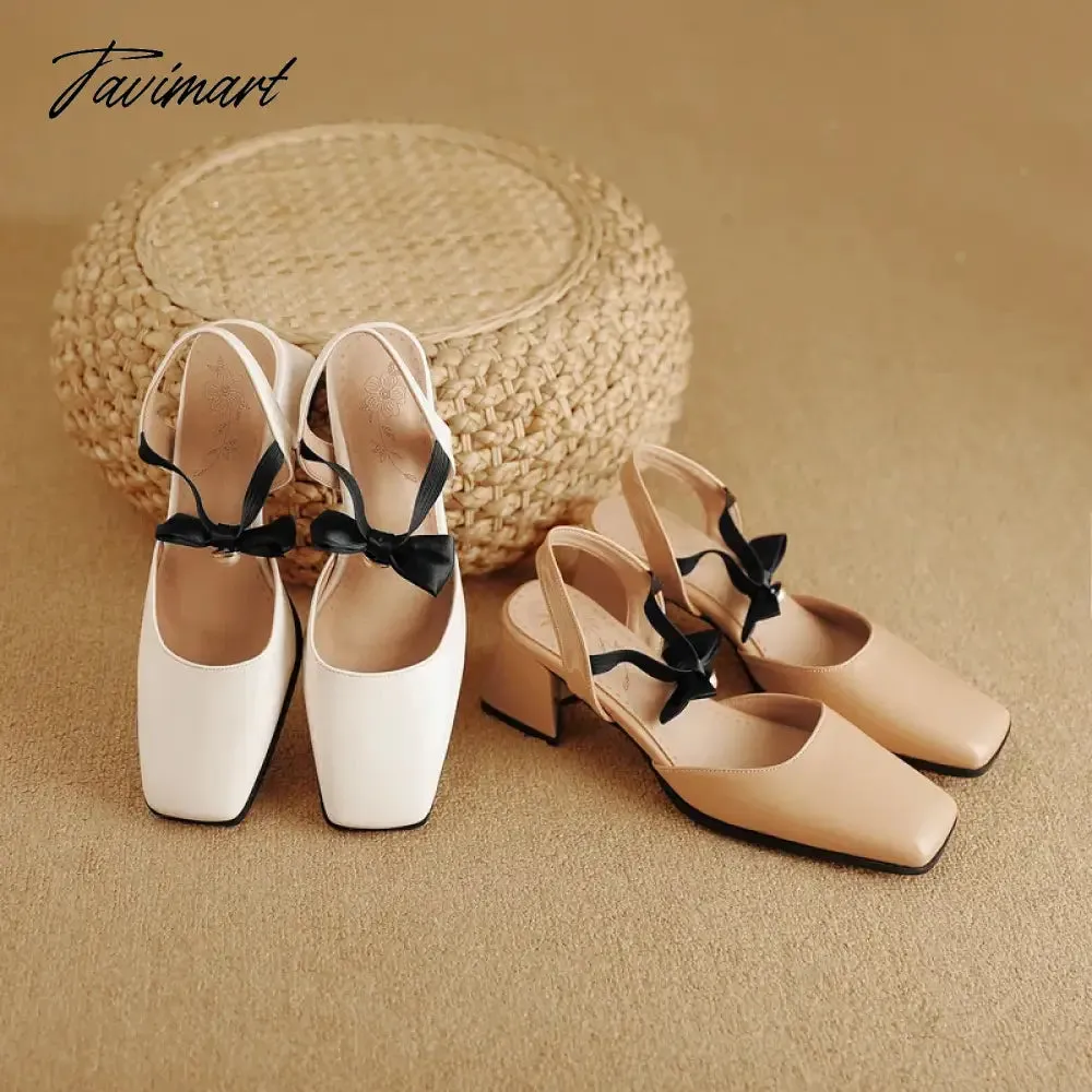 TAVIMART  -  Nude Elegant Sweet Pearl Bow Ankle Wrap Ladies Party Sandals Women Square Toe Block Heels Women Dress Slingback Shoes Large Size