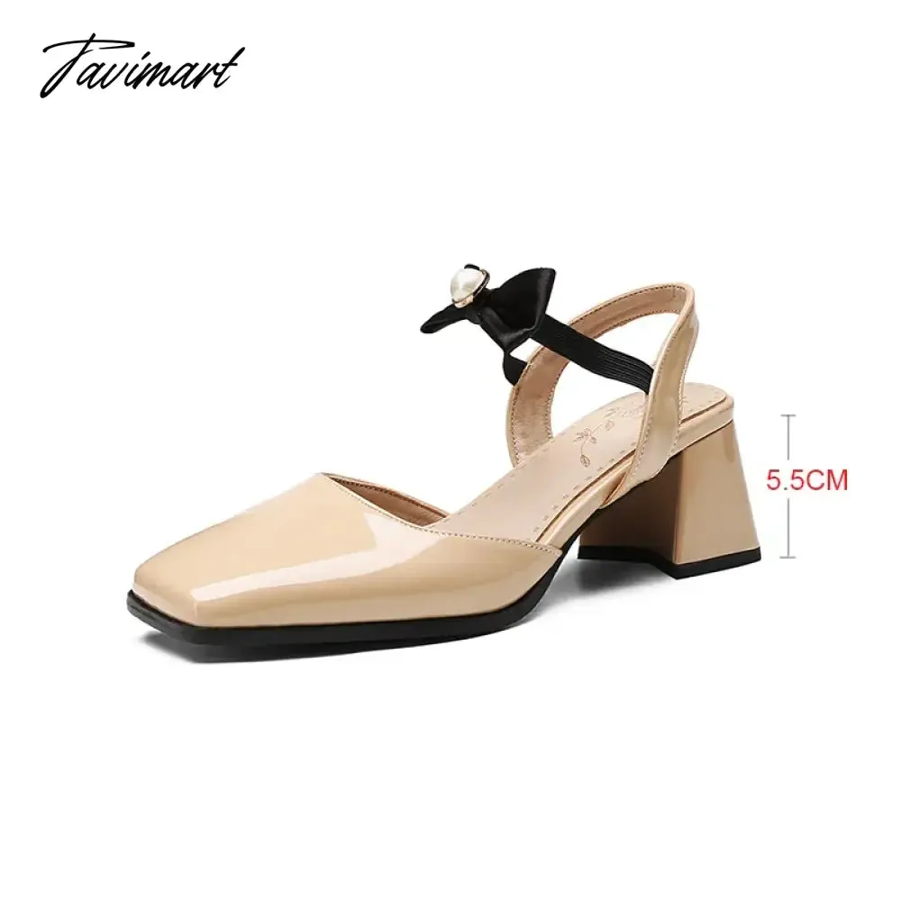 TAVIMART  -  Nude Elegant Sweet Pearl Bow Ankle Wrap Ladies Party Sandals Women Square Toe Block Heels Women Dress Slingback Shoes Large Size