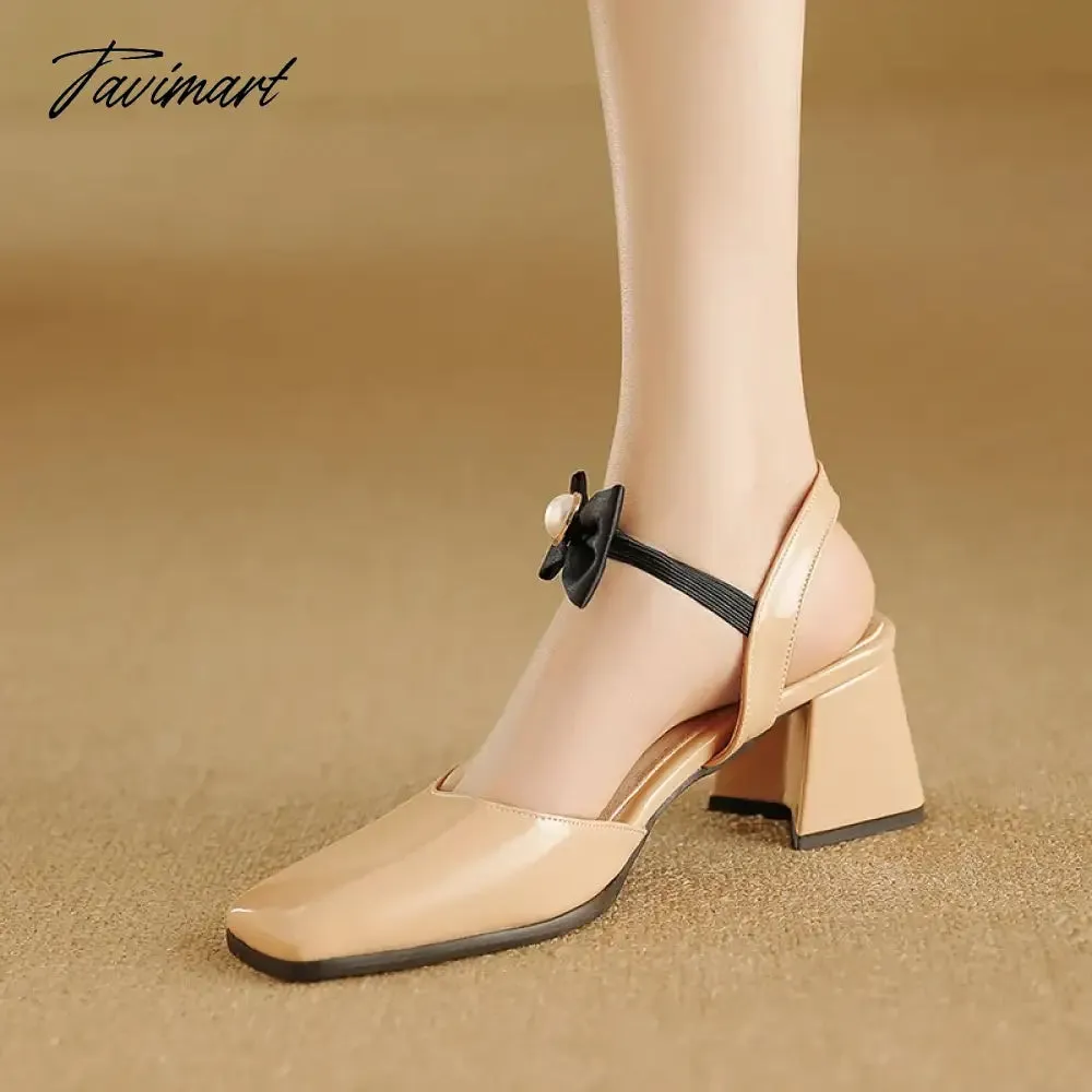 TAVIMART  -  Nude Elegant Sweet Pearl Bow Ankle Wrap Ladies Party Sandals Women Square Toe Block Heels Women Dress Slingback Shoes Large Size