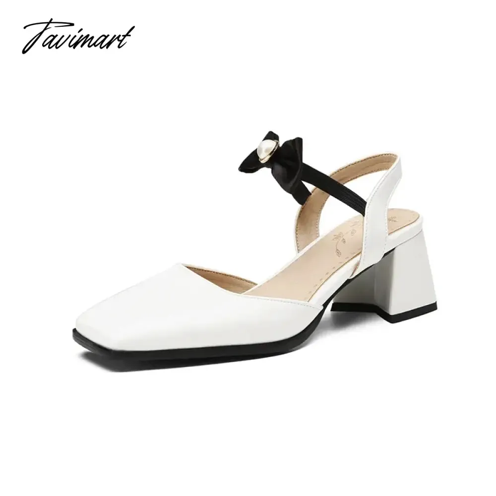 TAVIMART  -  Nude Elegant Sweet Pearl Bow Ankle Wrap Ladies Party Sandals Women Square Toe Block Heels Women Dress Slingback Shoes Large Size
