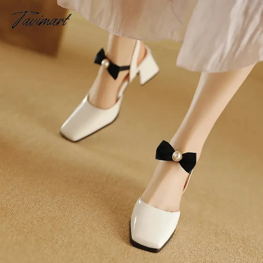 TAVIMART  -  Nude Elegant Sweet Pearl Bow Ankle Wrap Ladies Party Sandals Women Square Toe Block Heels Women Dress Slingback Shoes Large Size