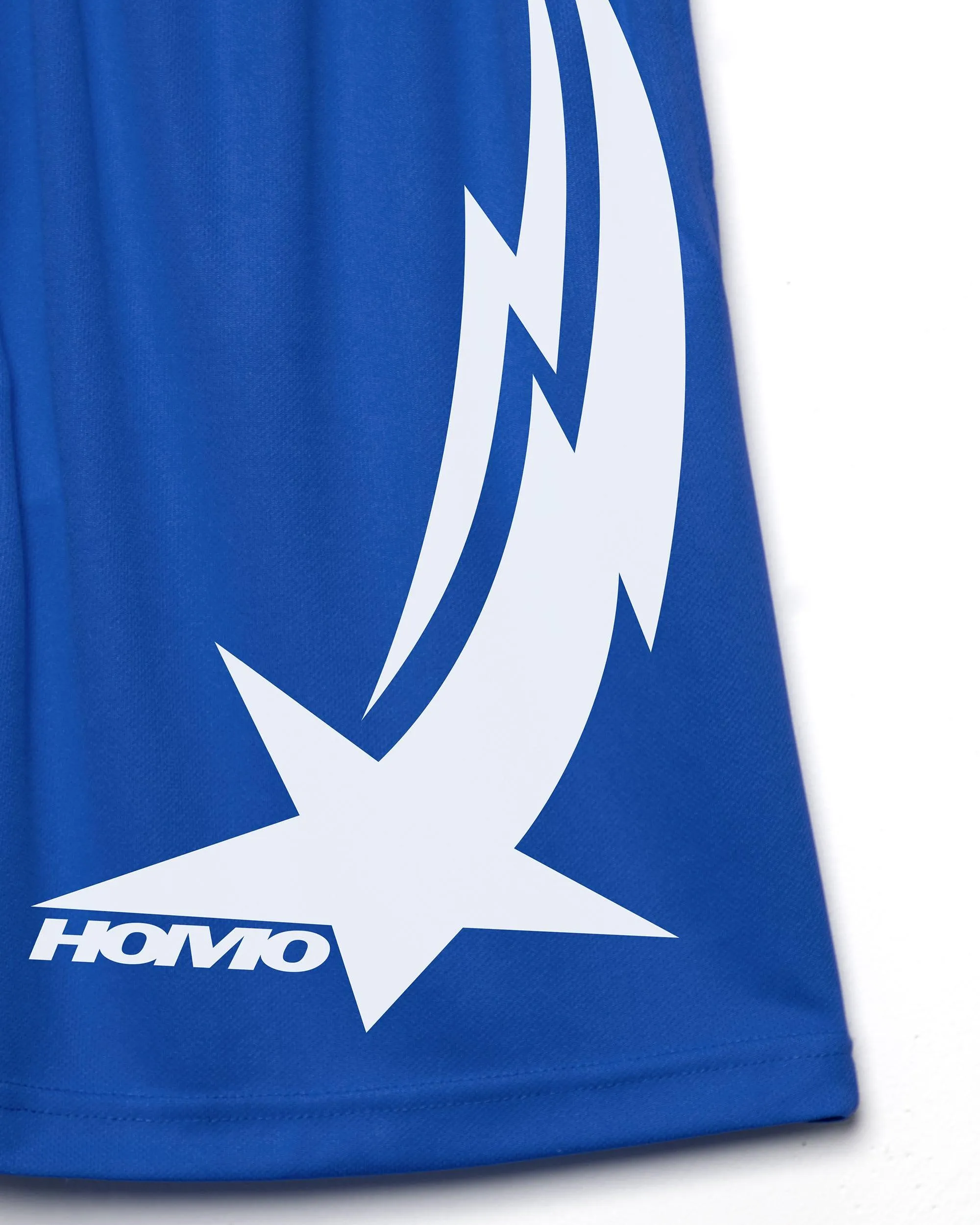 Turbo basketball shorts, white on blue