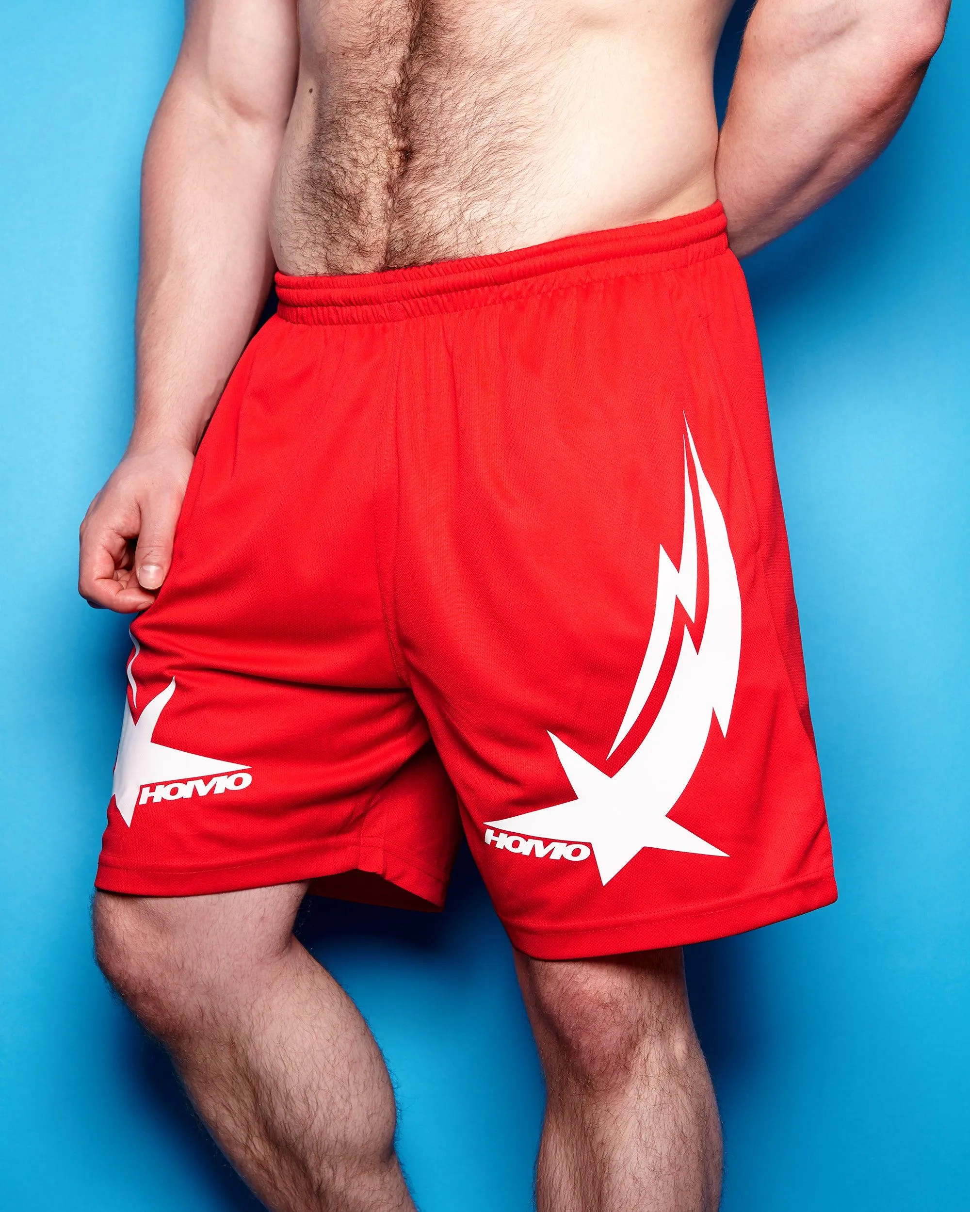 Turbo basketball shorts, white on red