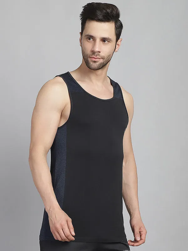 Vimal Jonney Solid Black Round Neck Polyester Lycra Half sleeveless Gym Vest For Men