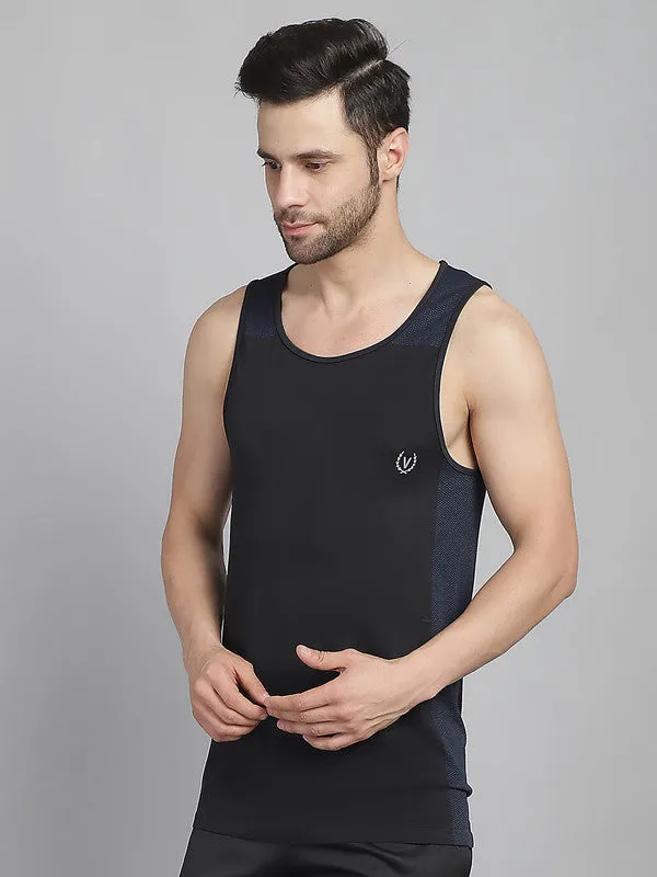 Vimal Jonney Solid Black Round Neck Polyester Lycra Half sleeveless Gym Vest For Men