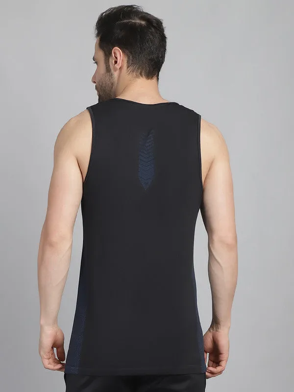 Vimal Jonney Solid Black Round Neck Polyester Lycra Half sleeveless Gym Vest For Men