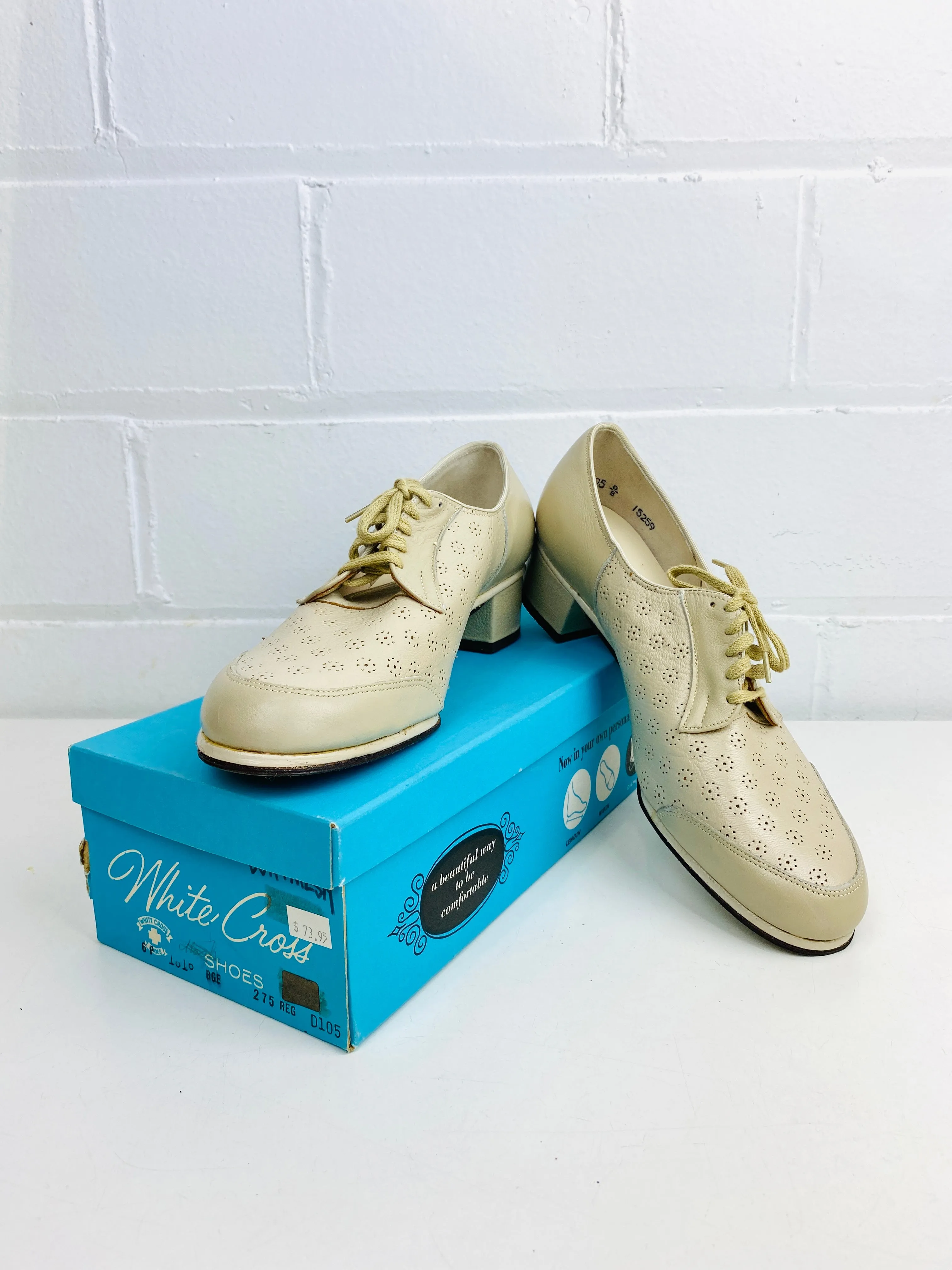 Vintage Deadstock Shoes, Women's 1980s Beige Leather Cuban Heel Oxfords, NOS, 1616