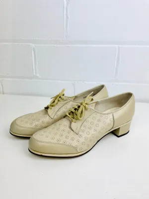 Vintage Deadstock Shoes, Women's 1980s Beige Leather Cuban Heel Oxfords, NOS, 1616