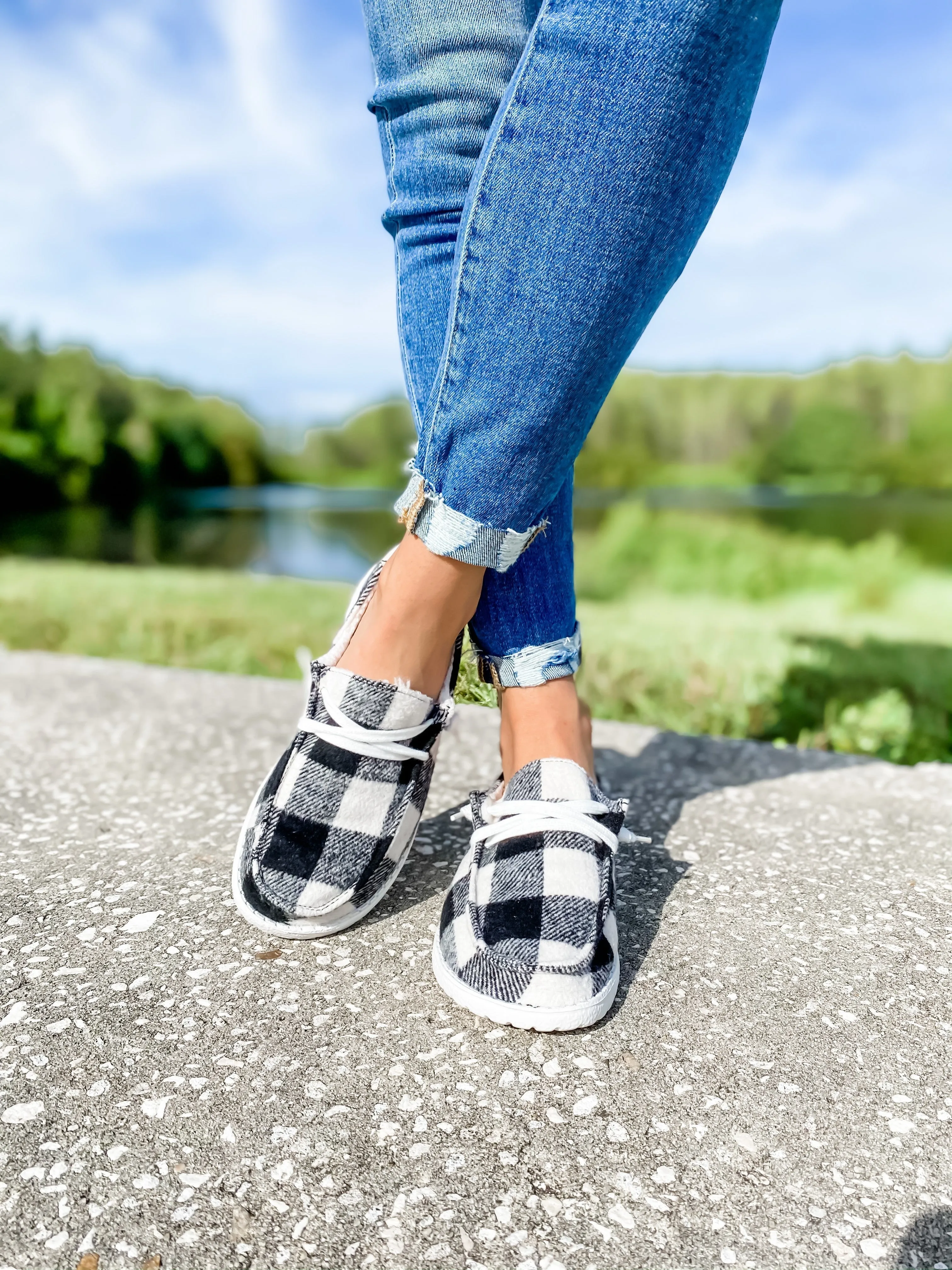 White And Black Checkered Slip On Shoe