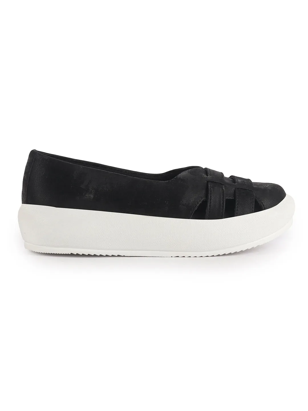 Women Black Double Strap Velvet Height Enhancer Slip On Sneakers|Anti Skid Sole|Slip On Shoe|Office Wear