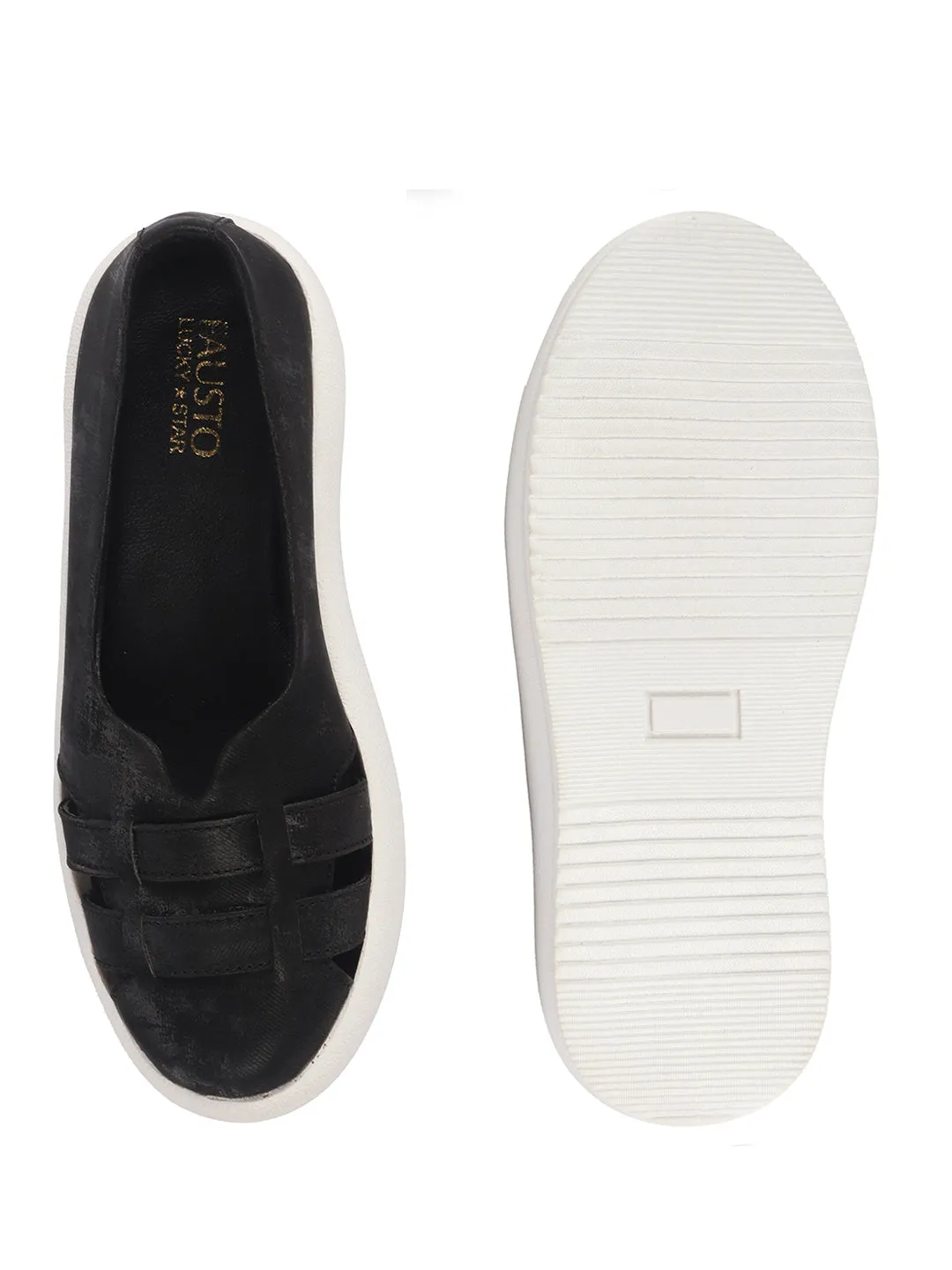 Women Black Double Strap Velvet Height Enhancer Slip On Sneakers|Anti Skid Sole|Slip On Shoe|Office Wear
