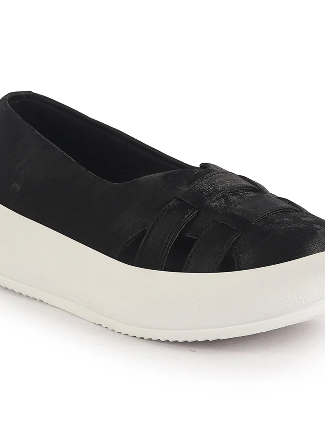 Women Black Double Strap Velvet Height Enhancer Slip On Sneakers|Anti Skid Sole|Slip On Shoe|Office Wear