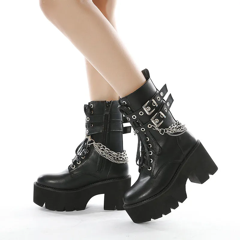 Women Metal Chain Buckle Strap Platform Boots