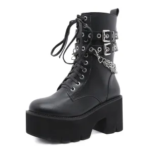 Women Metal Chain Buckle Strap Platform Boots