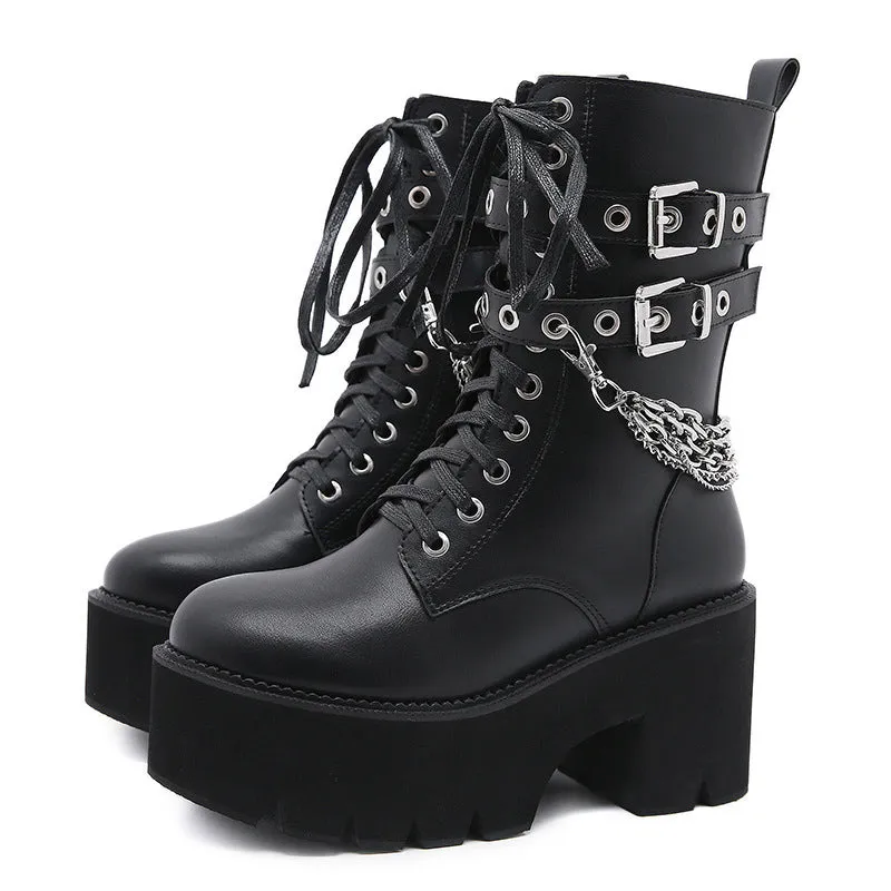 Women Metal Chain Buckle Strap Platform Boots