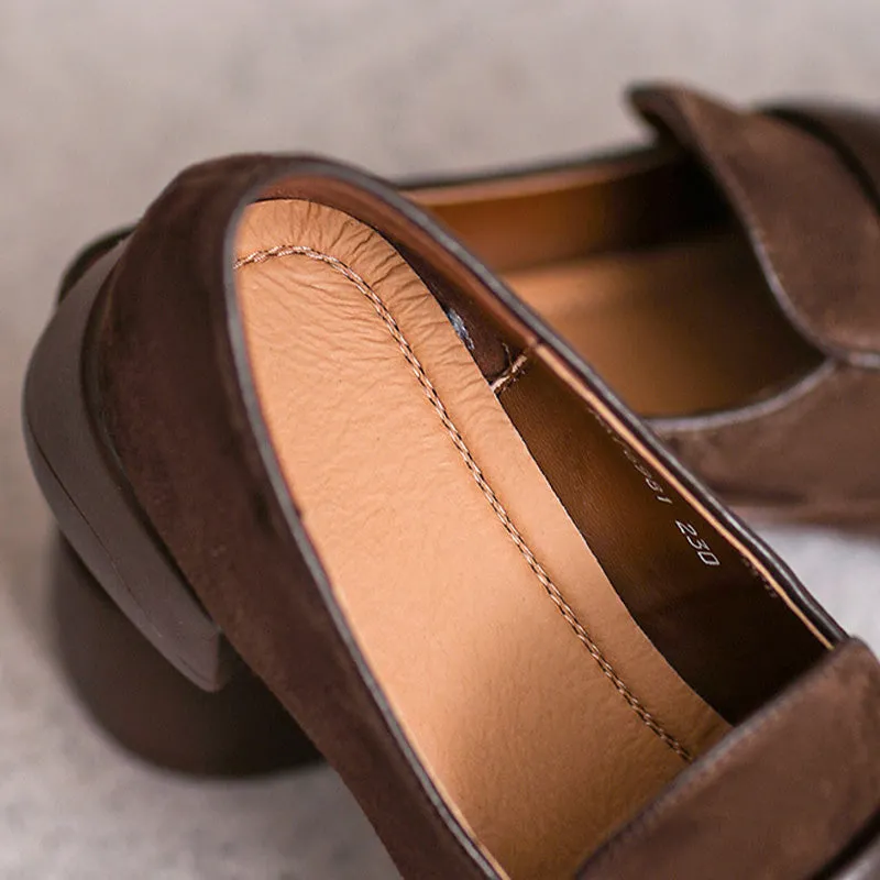 Women Retro Leather Minimliast Chunky Heel Loafers