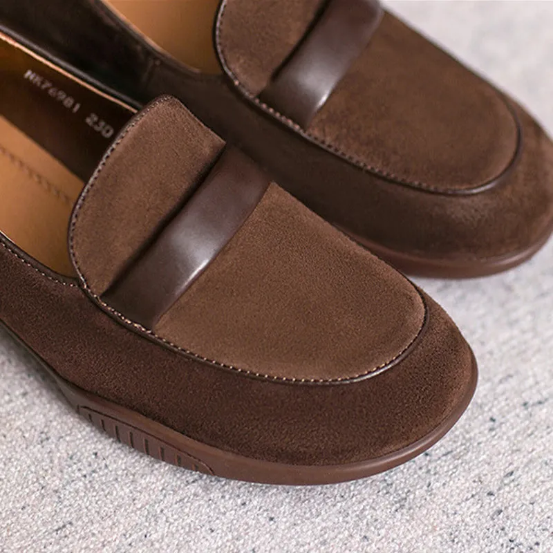 Women Retro Leather Minimliast Chunky Heel Loafers