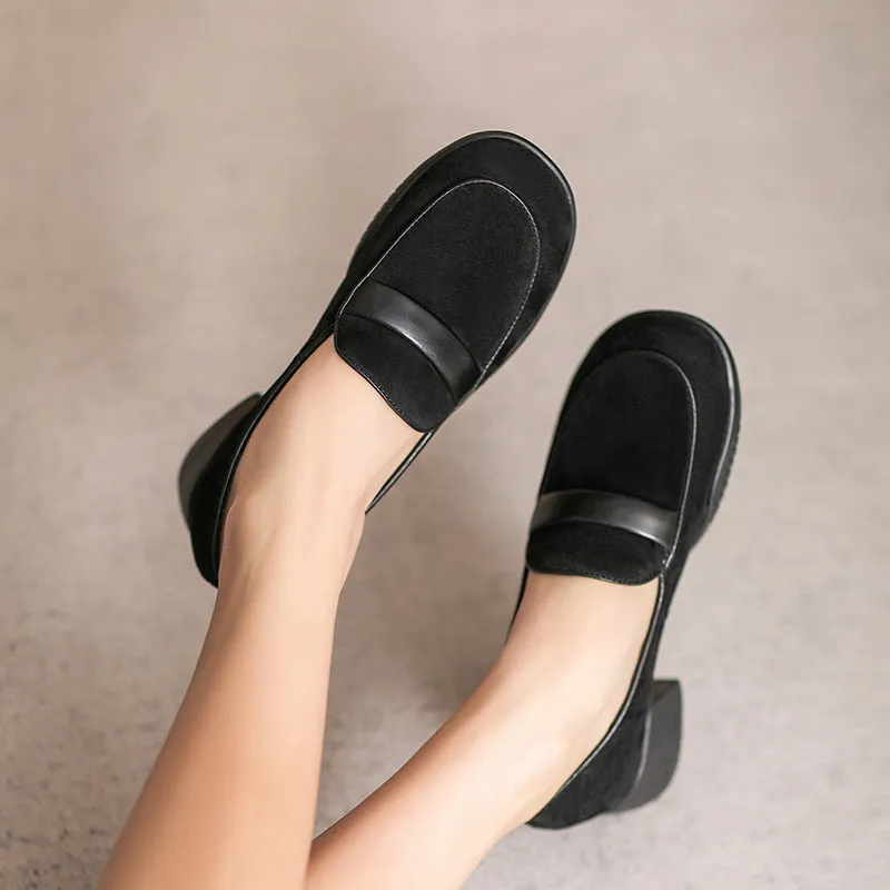 Women Retro Leather Minimliast Chunky Heel Loafers