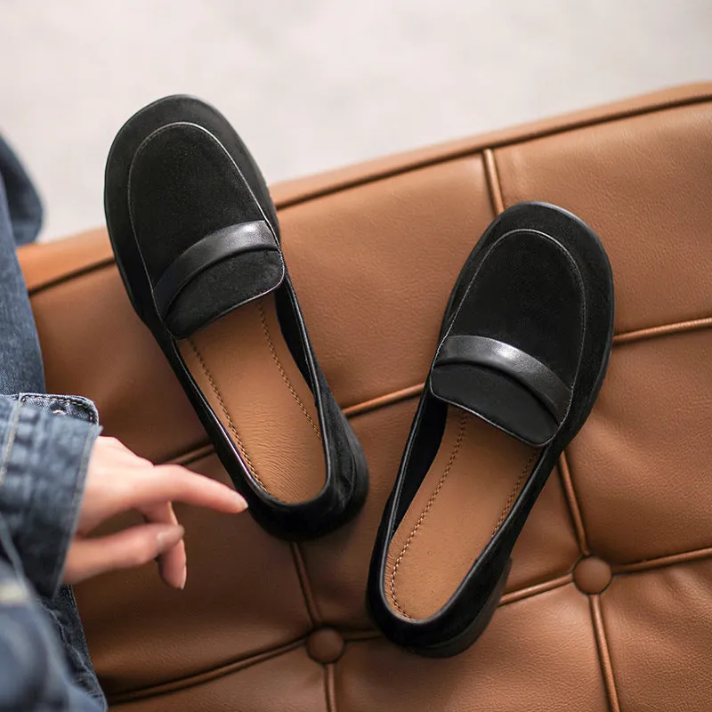 Women Retro Leather Minimliast Chunky Heel Loafers
