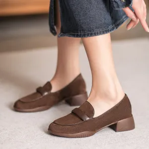 Women Retro Leather Minimliast Chunky Heel Loafers