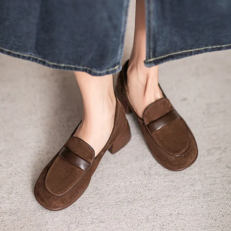 Women Retro Leather Minimliast Chunky Heel Loafers